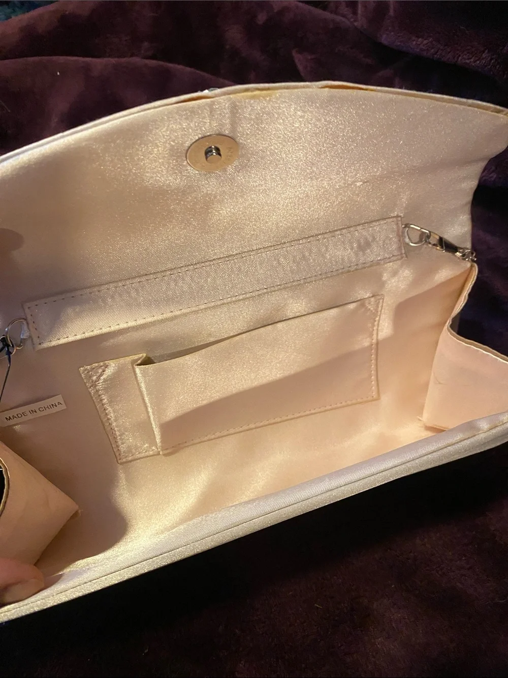 Champagne Satin Evening Clutch with Crystal Accent